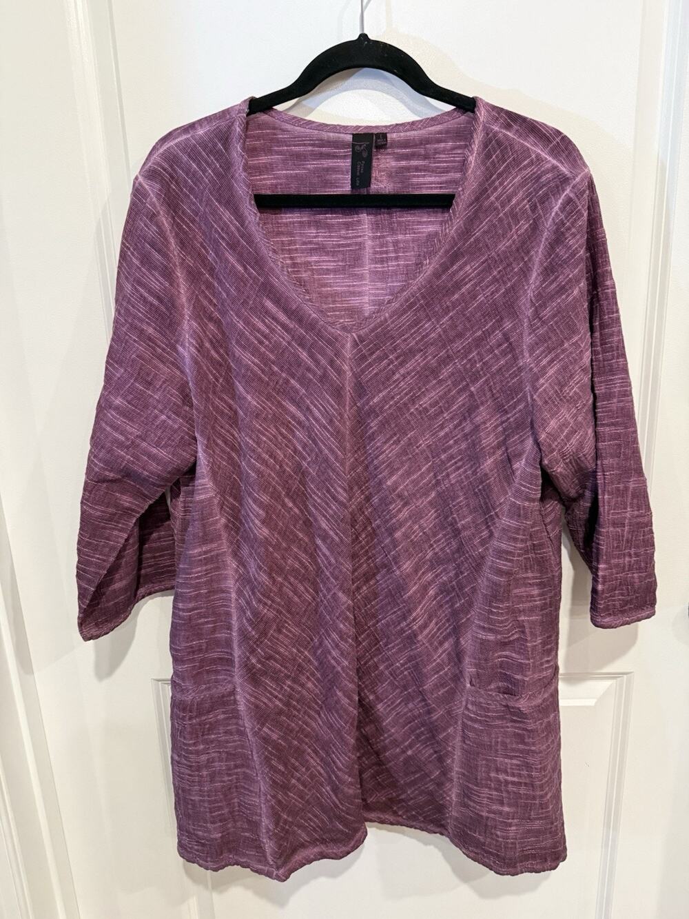 Focus Casual Life Top Women Sz Large Purple Tunic 3/4 Sleeve Pockets Cotton Knit